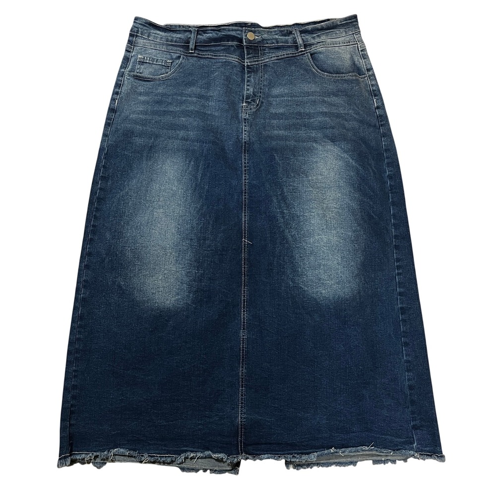 Blue Denim Maxi Jean Skirt Frayed Hem 3XL Western Grunge Festival Casual